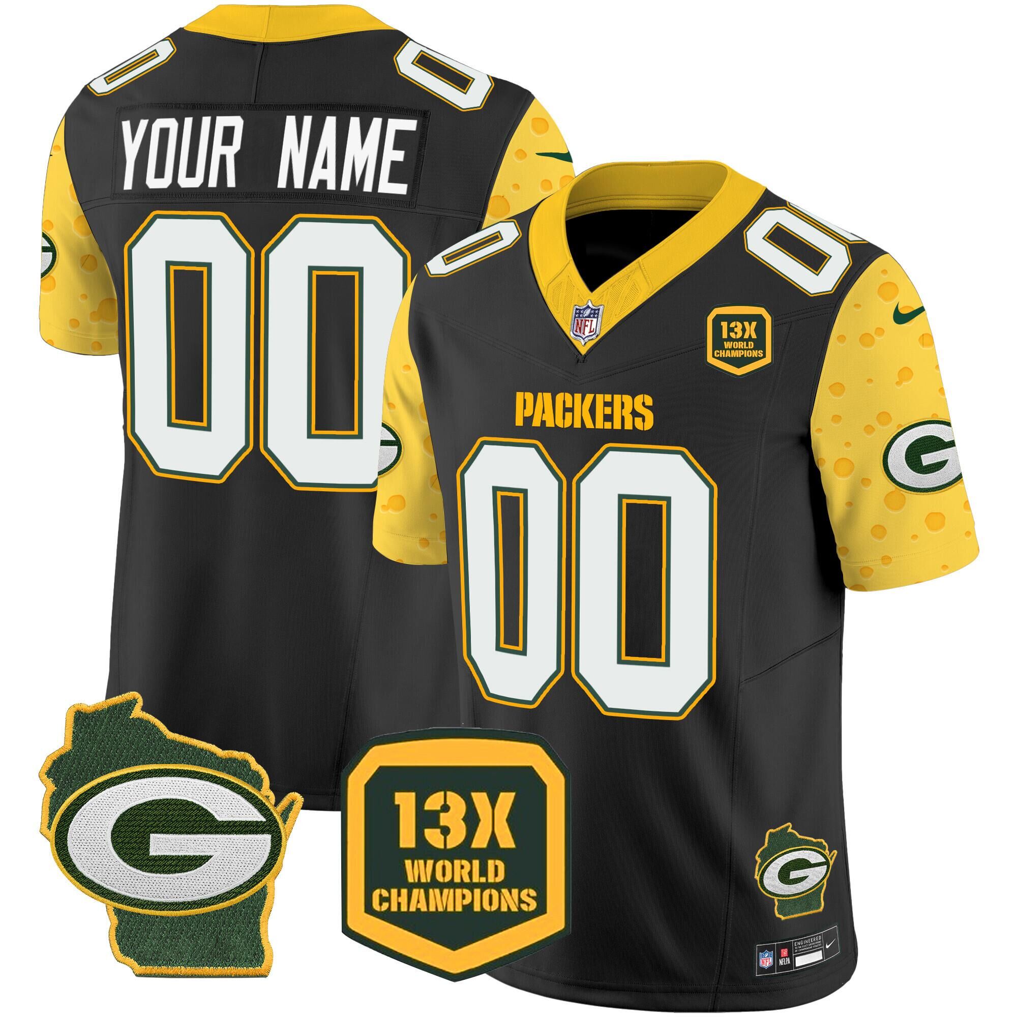Men's Green Bay Packers ACTIVE PLAYER Custom Cheese Black 2024 F.U.S.E. Home Patch 13 Time World Champions Vapor Untouchable Limited Stitched Football Jersey Men's Green Bay Packers ACTIVE PLAYER Custom Cheese Black 2024 F.U.S.E. Home Patch 13 Time World Champions Vapor Untouchable Limited Stitched Football Jersey